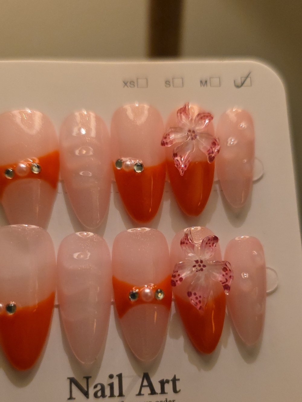 Handmade Pink and Orange Floral Accent Press-On Nail Set